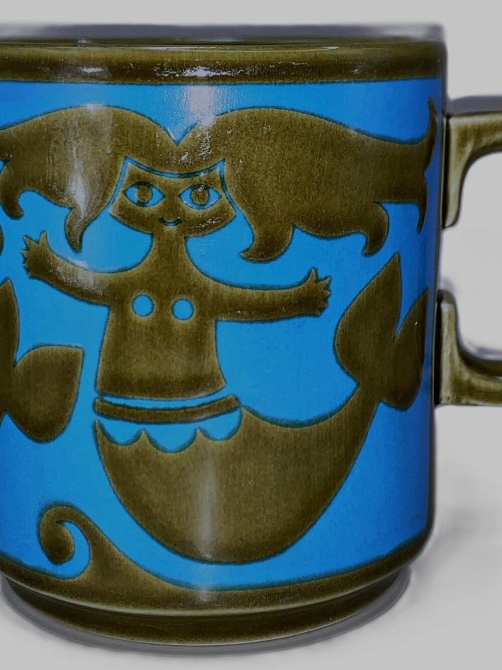 HORNSEA England MERMAID Olive Grn, Blue Mug Cup John Clappison Pottery MCM 1960s